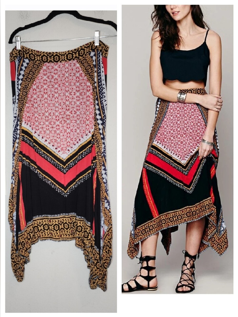 Free People Bedouin Traveler Midi Maxi Skirt Bohemian Scarf Print Pull On Sz M